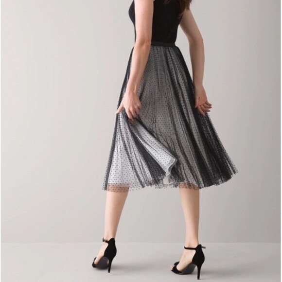 WHBM Sheer Polka Dot Pleated Midi Skirt Womens Size 0‎ Preppy Mod Retro Classic - Picture 1 of 13